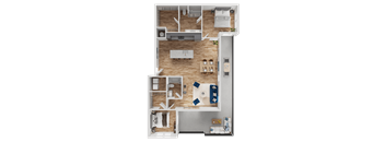 A detailed 3D floor plan of a small apartment.