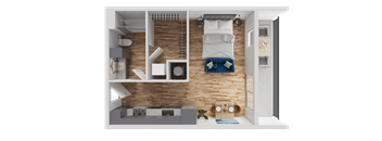 A small room with a bed, a table, and a chair.