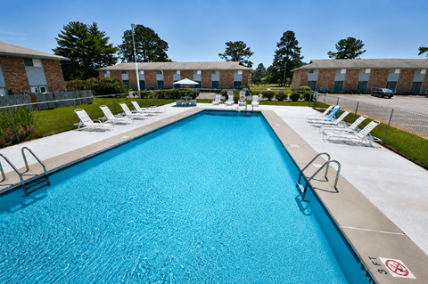 A large blue swimming pool with a no-diving sign.