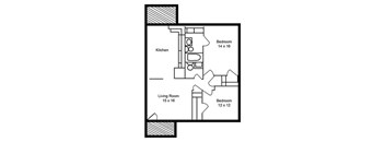 A black and white image of a floor plan for a home with a kitchen, living room, and two bedrooms.