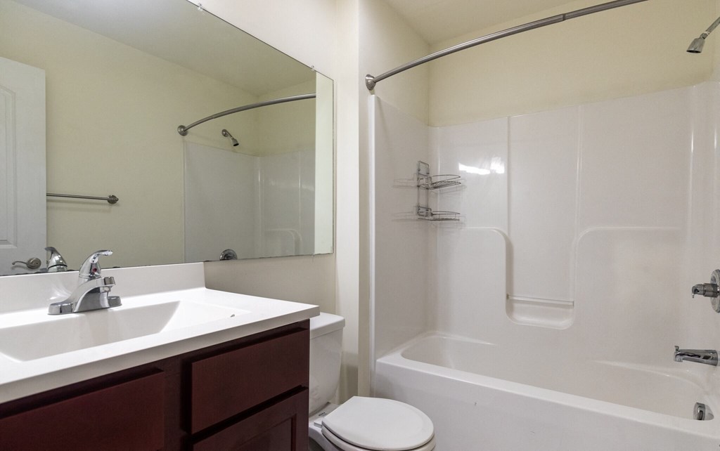 a bathroom with a shower sink and toilet and a mirror