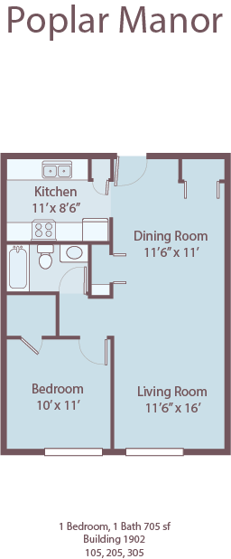 A floor plan of a Poplar Manor with a kitchen, dining room, living room, and two bedrooms.