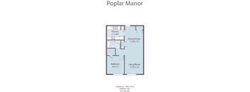 A floor plan of a Poplar Manor with a kitchen, dining room, living room, and two bedrooms.