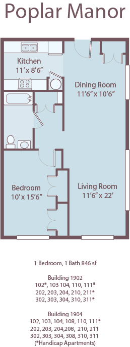A floor plan of a Poplar Manor with a kitchen, dining room, living room, and two bedrooms.