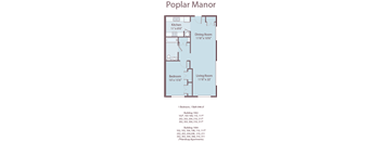 A floor plan of a Poplar Manor with a kitchen, dining room, living room, and two bedrooms.