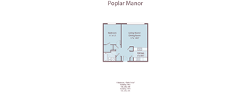 A floor plan of a Poplar Manor with a bedroom, living room/dining room, and kitchen.