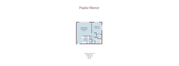 A floor plan of a Poplar Manor apartment with a living room, dining room, kitchen, and two bedrooms.