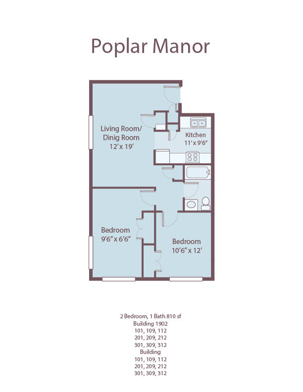 A floor plan of a Poplar Manor apartment with a living room, dining room, kitchen, and two bedrooms.