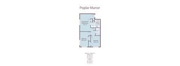 A floor plan of a Poplar Manor apartment with a living room, dining room, kitchen, and two bedrooms.