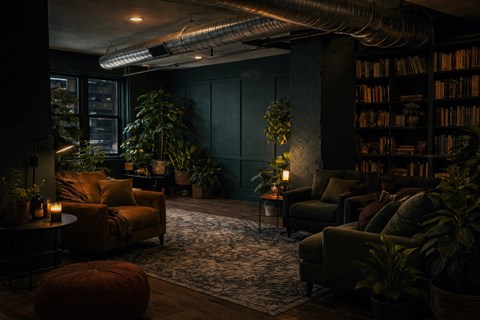A cozy living room with a large window, a bookshelf, and a variety of plants.