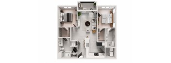 A top-down view of a house layout with a kitchen, living room, and bedrooms.