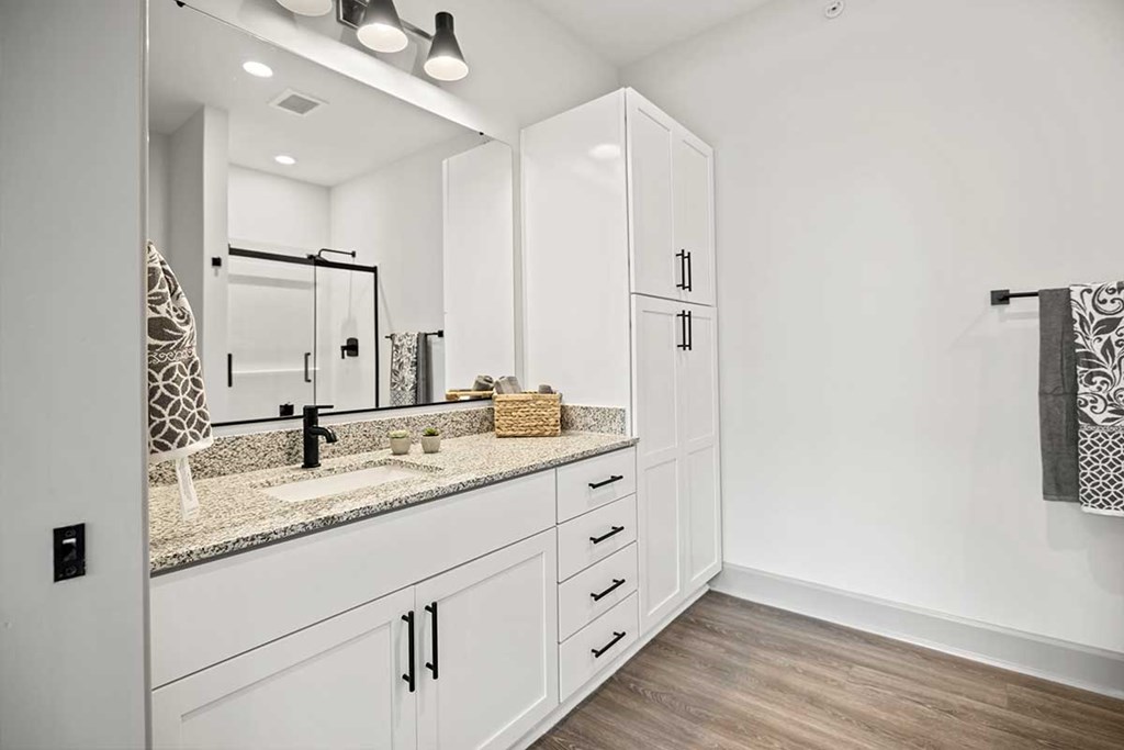 A bathroom with a sink, mirror, and cabinets.