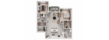A top-down view of a small apartment with a kitchen, living room, and bathroom.