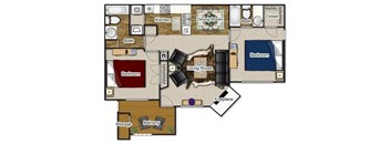A floor plan of a house with a living room, dining room, kitchen, and two bedrooms.