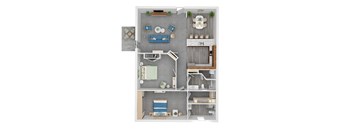 A floor plan of a small apartment with a kitchen, living room, and bathroom.