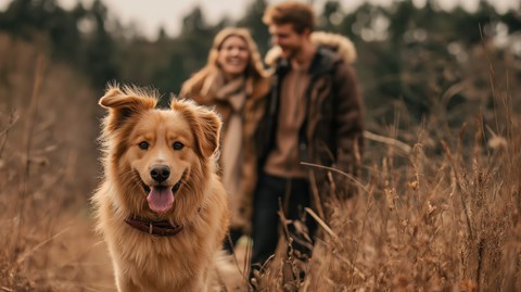 A happy dog is in the foreground with a man and woman walking in the background.