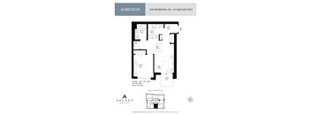 A floor plan for a one bedroom apartment sized 632 square feet.