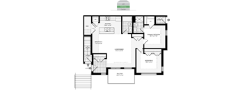 A floor plan of a house with a living room, two bedrooms, a kitchen, a breakfast nook, and a balcony.