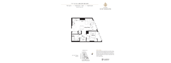 A floor plan for a 725 square foot barrier-free unit with one bedroom and one bathroom.