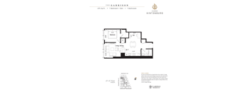 A floor plan for a property at The Garrison shows a 1 bedroom and 1 bathroom layout.