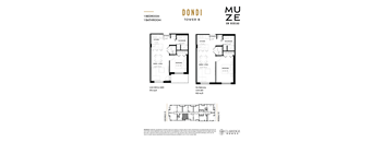 A floor plan for a two-bedroom, one-bathroom apartment in a building called Dondi Muze.