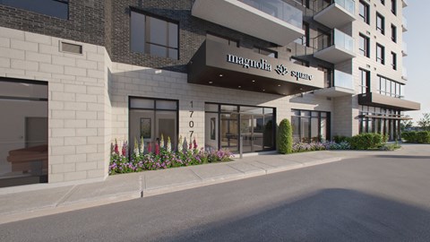 A modern building with the name "Magnolia Square" on the front entrance