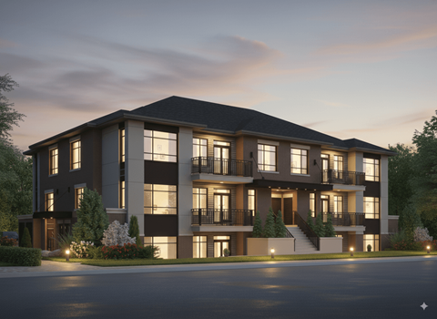 A modern apartment building with a balcony on the second floor.
