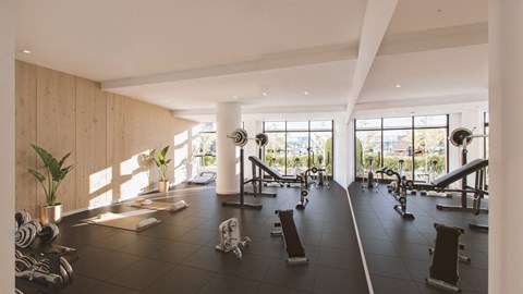 A gym with a variety of equipment and a view of the outside.