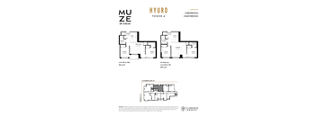 A floor plan for the Hyuro Tower A at Muzee on Rideau shows two bedrooms and two bathrooms.