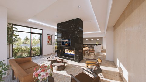 A modern living room with a fireplace and a large window.