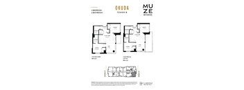 A floor plan for a 2 bedroom, 2 bathroom apartment and a large balcony.