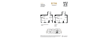 A floor plan for a retirement tower with two bedrooms and one bathroom.