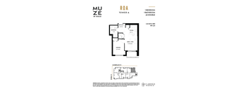 A floor plan for a unit at Muze on Rideau shows a bedroom, bathroom, and kitchen.