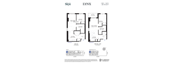 A floor plan for a Skye Lynx apartment shows two bedrooms, two bathrooms, a living room, a dining room, a kitchen, and a balcony.