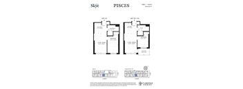 A floor plan for a Claridge Homes property in Pisces shows two units, 310-910 and 310-910, with detailed room measurements and layouts.