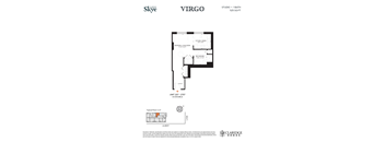 A floor plan for a studio apartment with one bathroom and a kitchen.