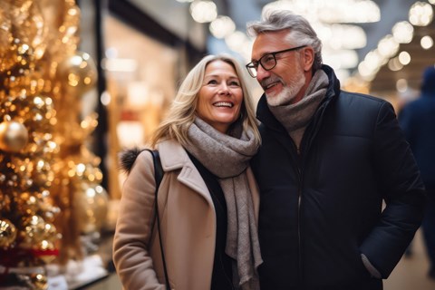 a senior man and woman standing in front of a store with their arms around each other