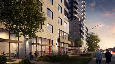 a rendering of a tall building with people walking in front of it