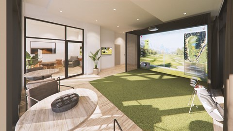 A modern living room with a large screen displaying a virtual reality game.