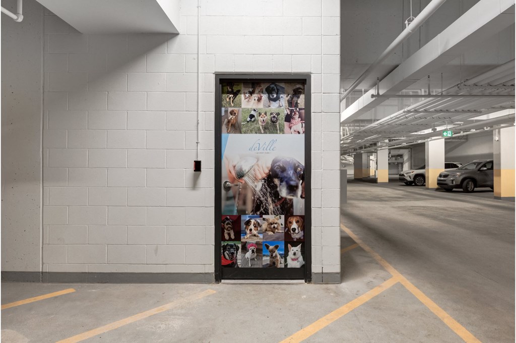 A wall of pictures of dogs in a parking garage.