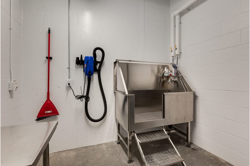 A red plunger is leaning against a white wall next to a blue and black vacuum cleaner.