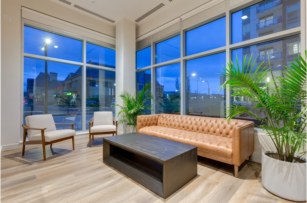 A modern living room with a brown leather sofa, a wooden coffee table, and a potted plant.