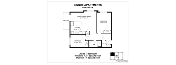 A black and white image of a floor plan for Cinque Apartments in London, ON.