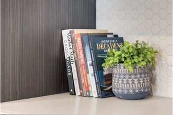 A stack of books with one titled "Incredibly Decadent" sits on a shelf.