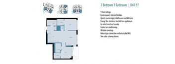 A floor plan of a 2 Bedroom 2 Bathroom apartment sized 840 square feet.