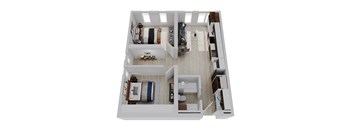 a 3d floor plan of a bedroom with a bathroom and living room