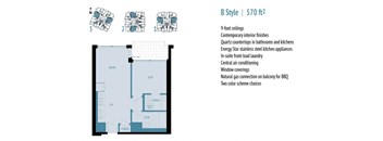 A diagram of a B Style layout with a list of features and measurements.