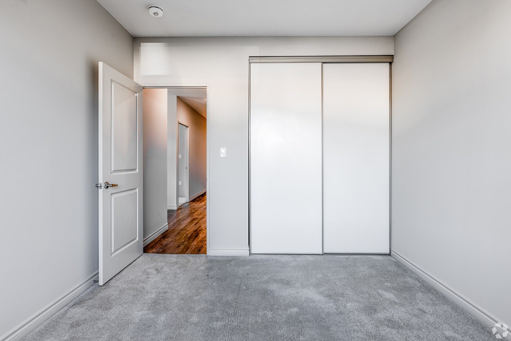 A room with a white door and a white closet.