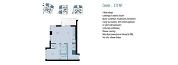 A floor plan for a 620 square foot corner apartment with a list of features.
