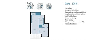 A blueprint of a D Style apartment layout with a list of features on the right side.